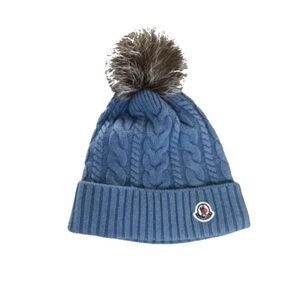 Moncler-Style Blue Cable Knit Pom Beanie for Kids